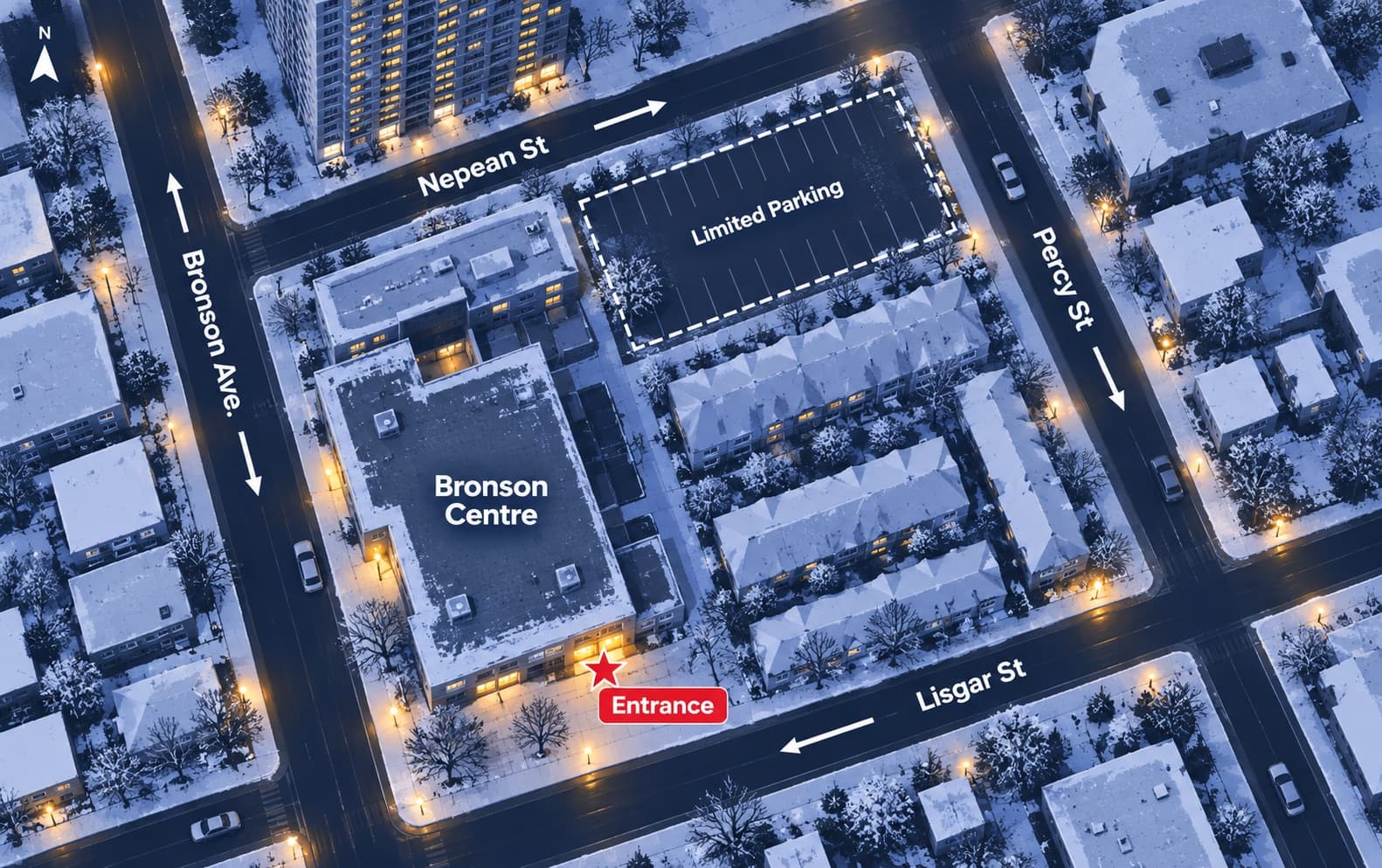 Map showing the Bronson Centre with the entrance on Lisgar Street and limited parking off Nepean Street